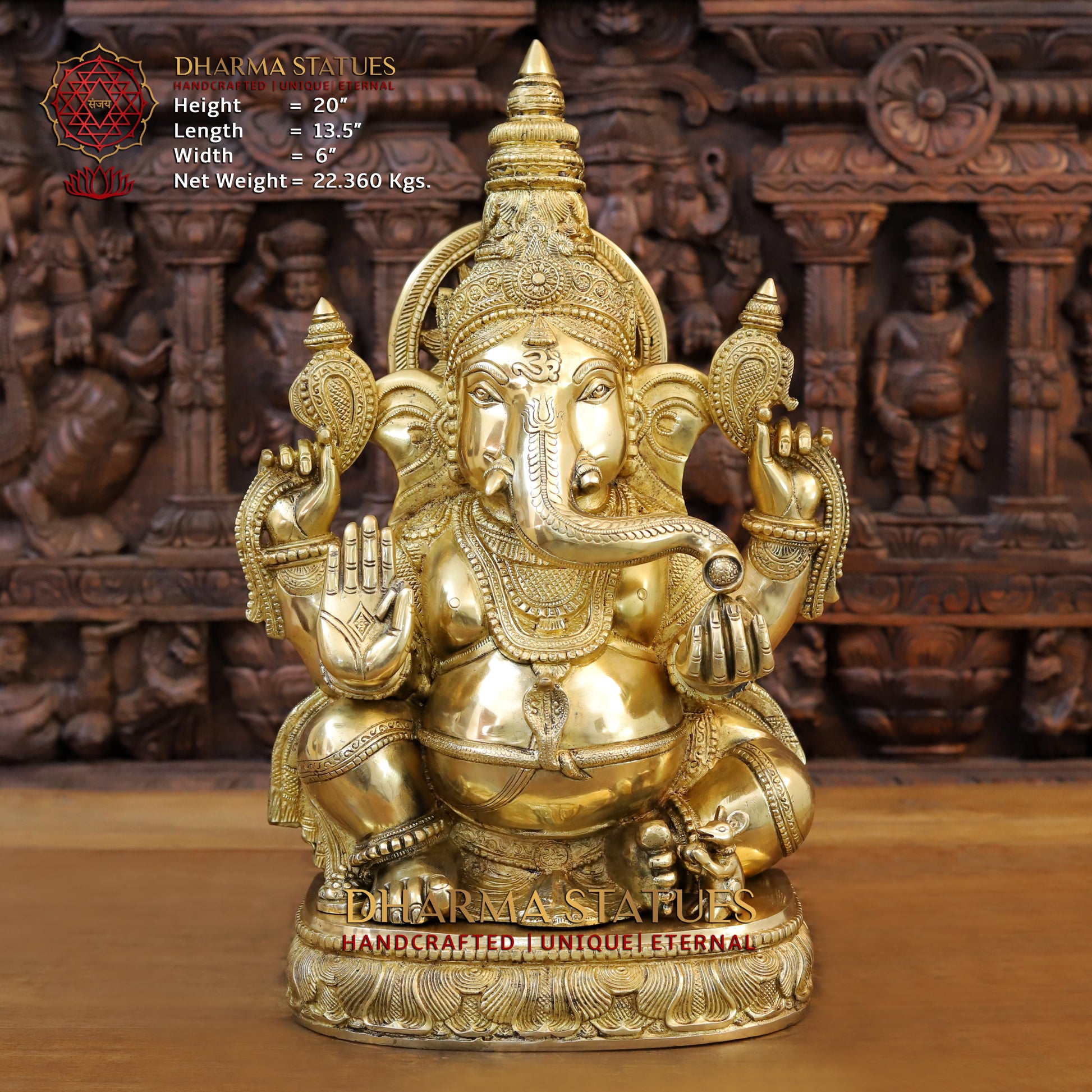 Brass Ganesha Idol, Seated in Blessing Posture, Fine Golden Finish 20"