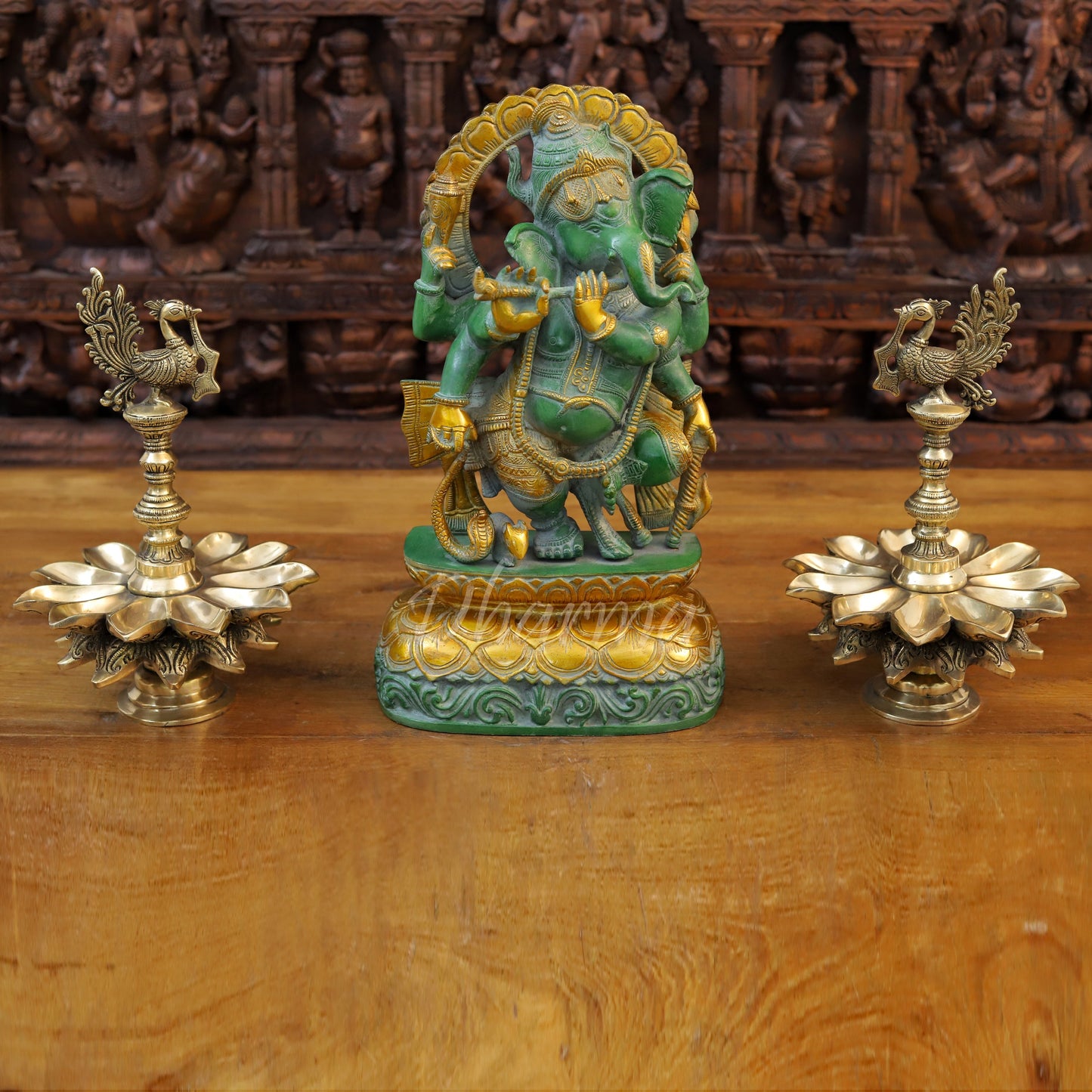 Brass Ganesh Playing Flute, Green Patina and Golden Finish 17"