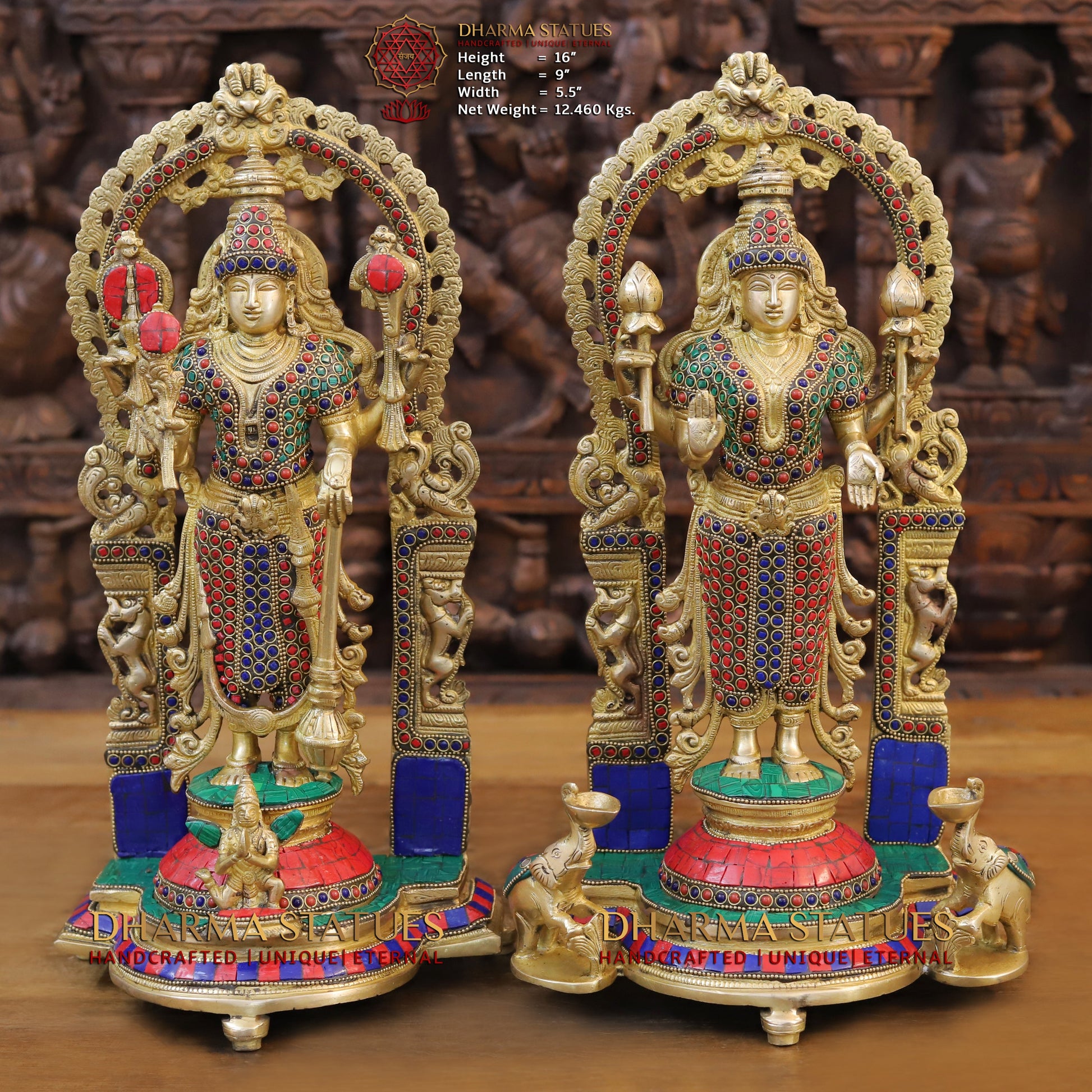 Brass Tirupati Balaji and Goddess Lakshmi, Golden and Stone Work 16"