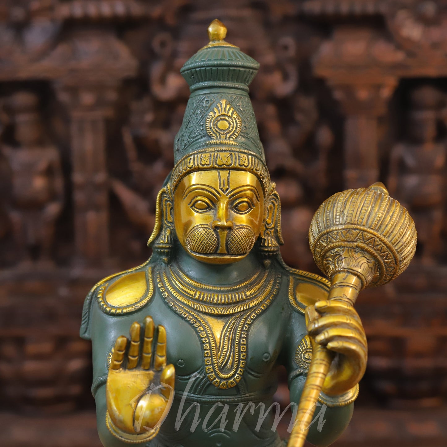 Brass Hanuman Idol, Standing on a Lotus, Green Patina & Golden Finish 21"