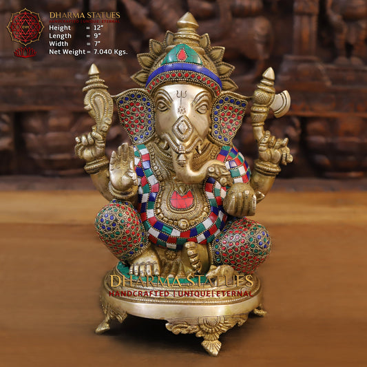 Brass Ganesha Idol, Seated on a Chowki, Golden and Stone Finish 12"