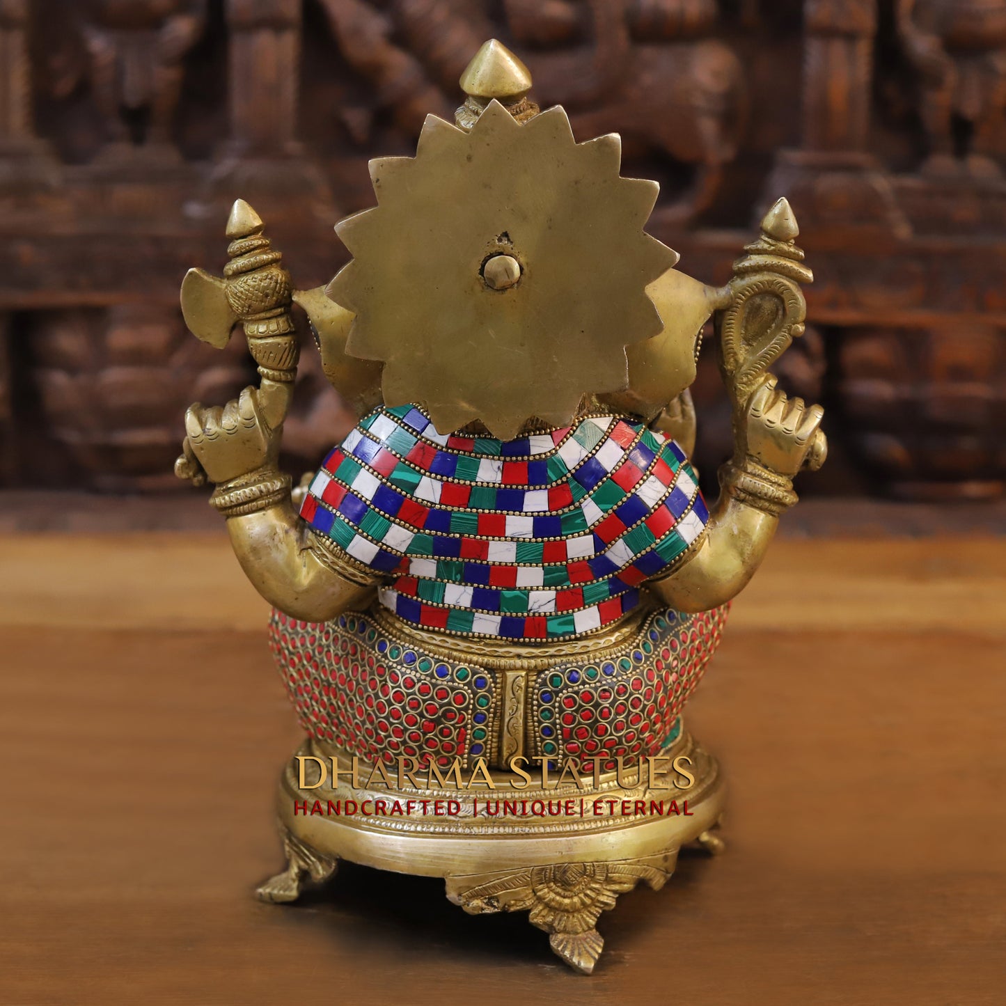 Brass Ganesha Idol, Seated on a Chowki, Golden and Stone Finish 12"