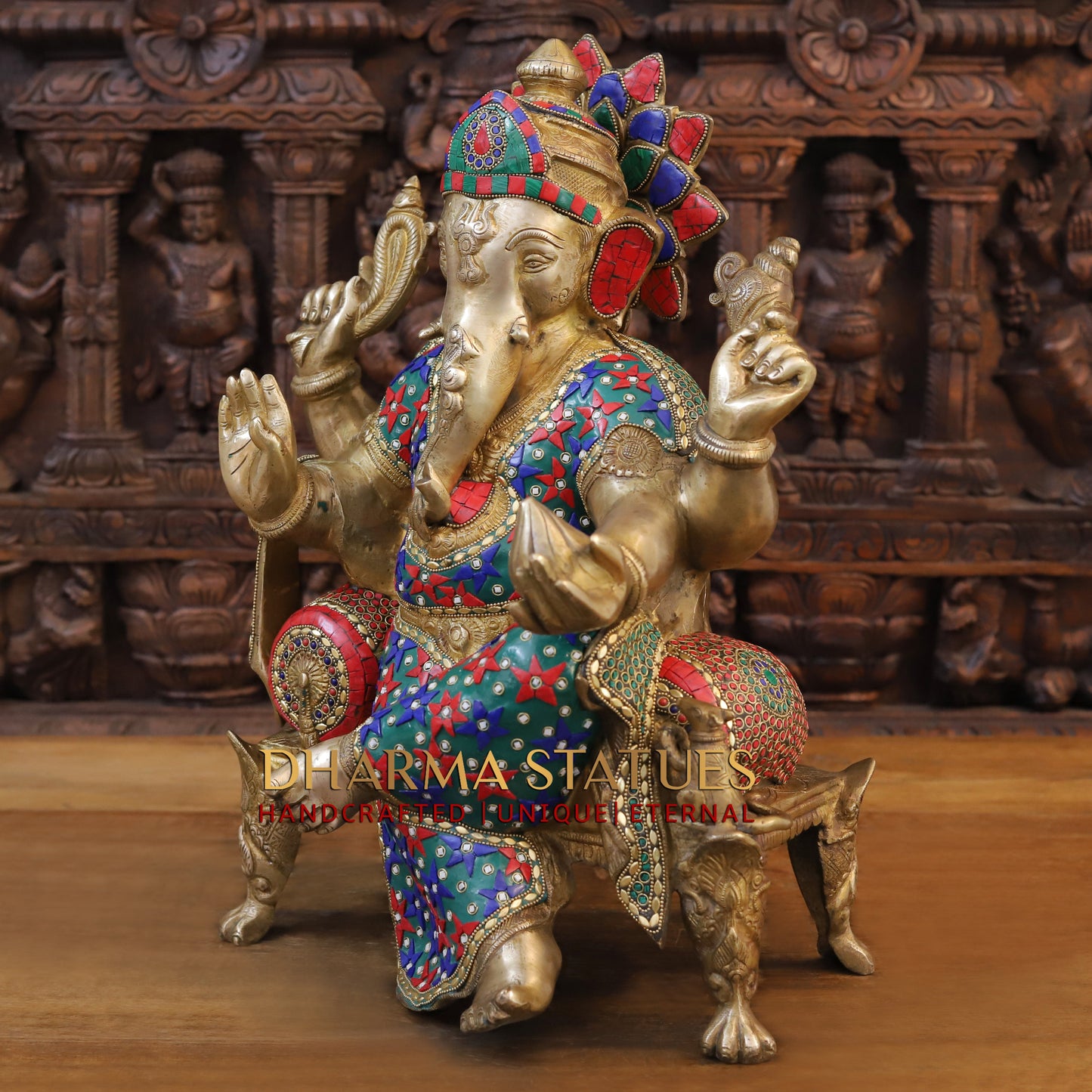 Brass Ganesha Idol, Sitting on a Pedestal, Golden and Stone work 20"
