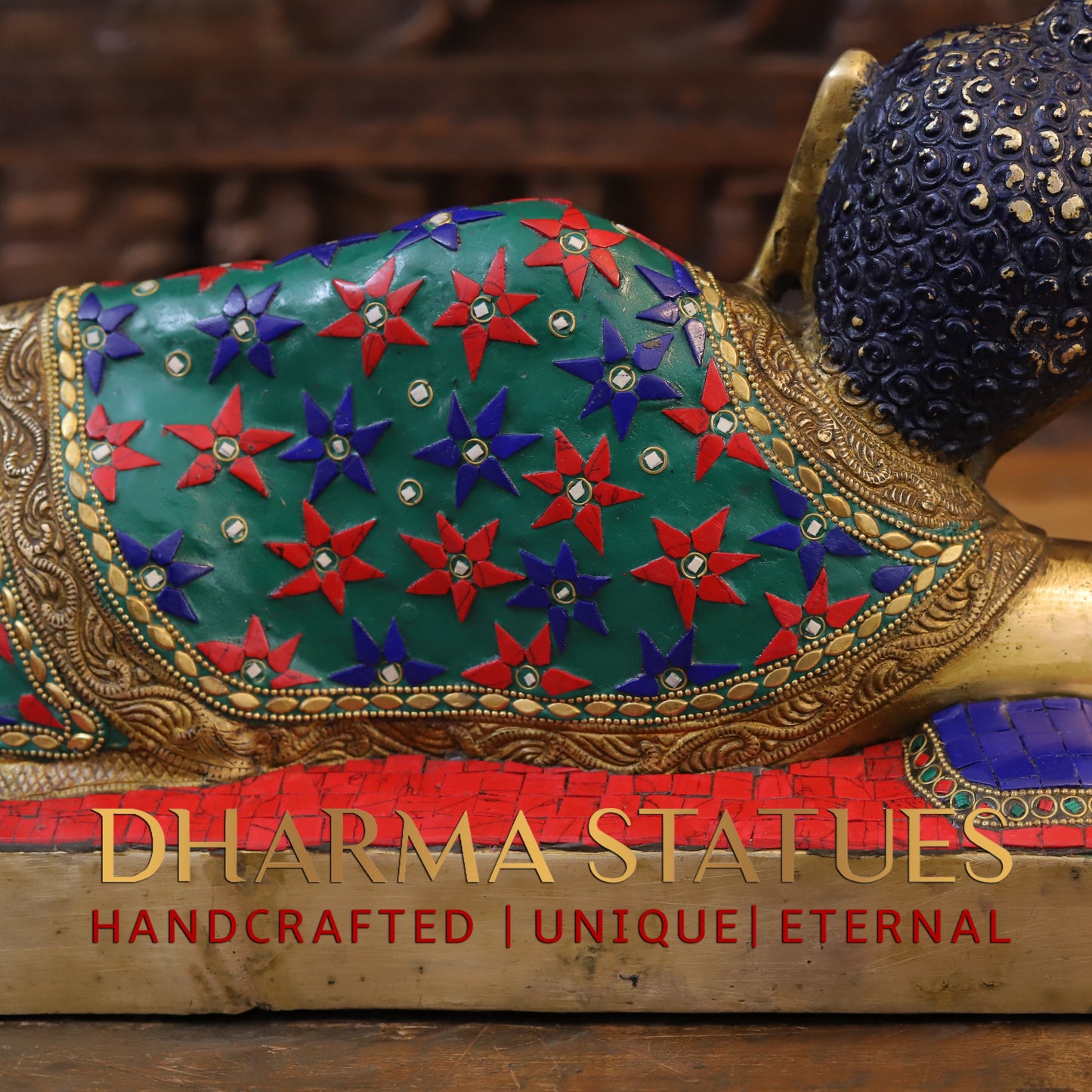 Brass Buddha Idol, Buddha Resting, Golden and Stone work 9"