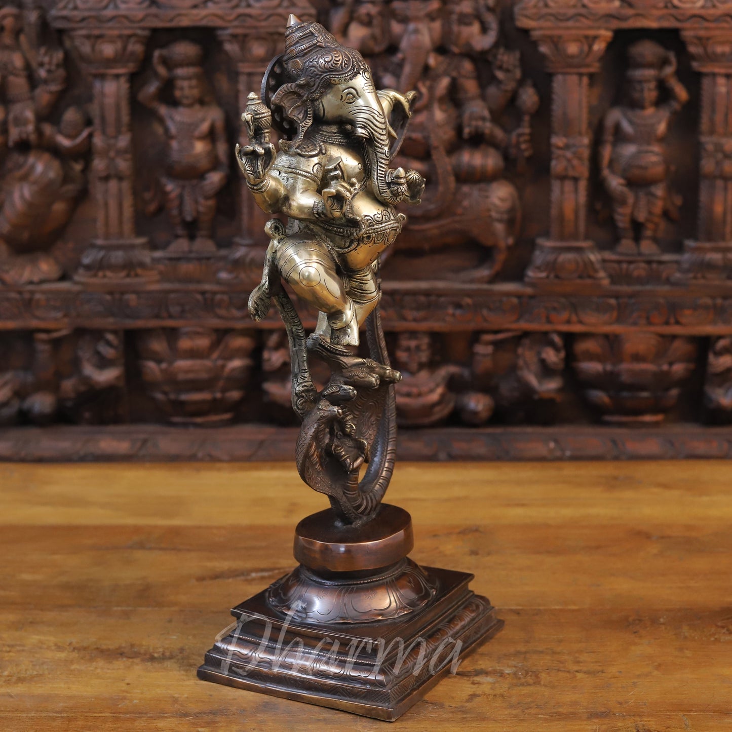 Brass Ganesh On Snake (Kalinga Ganesha) Fine Copper and Golden Finish, 19"