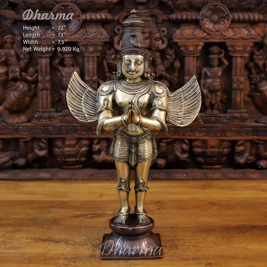Brass Garuda Statue, Standing in Anjali Mudra, Fine Golden Finish 22"