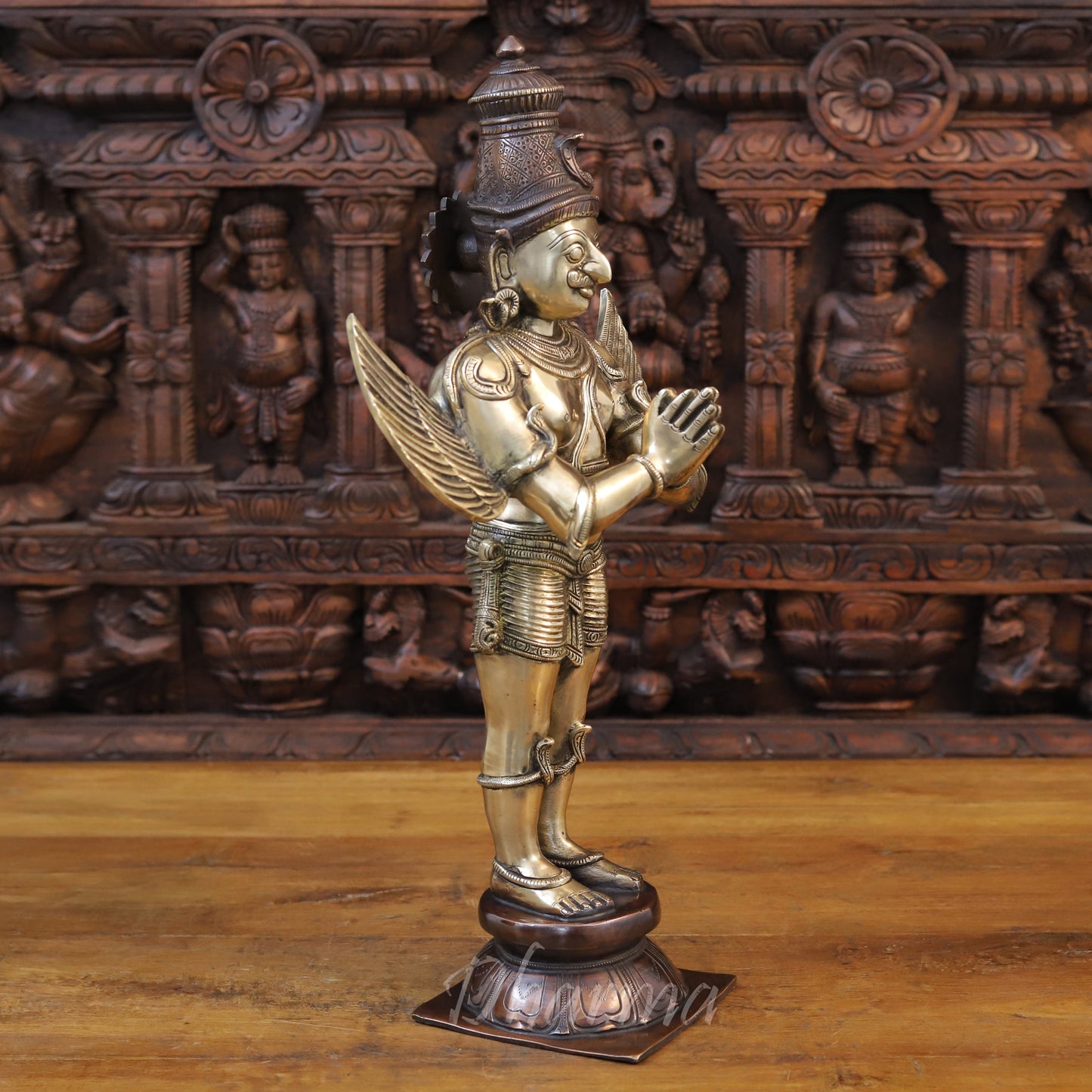 Brass Garuda Statue, Standing in Anjali Mudra, Fine Golden Finish 22"