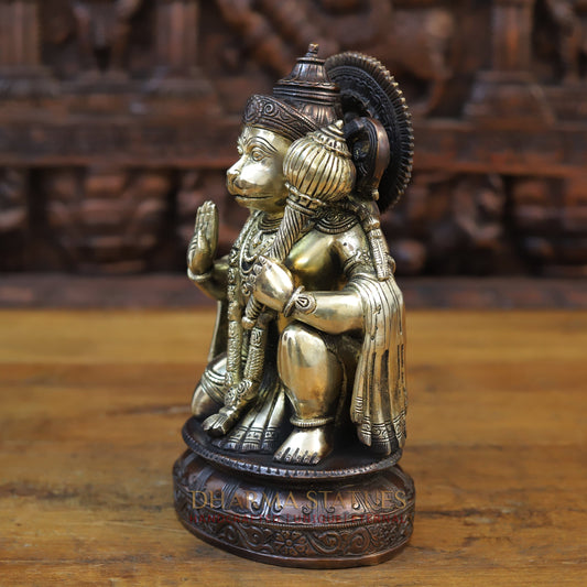 Brass Hanuman Idol, Seated in a Blessing Pose, Copper & Golden Finish 10.5"