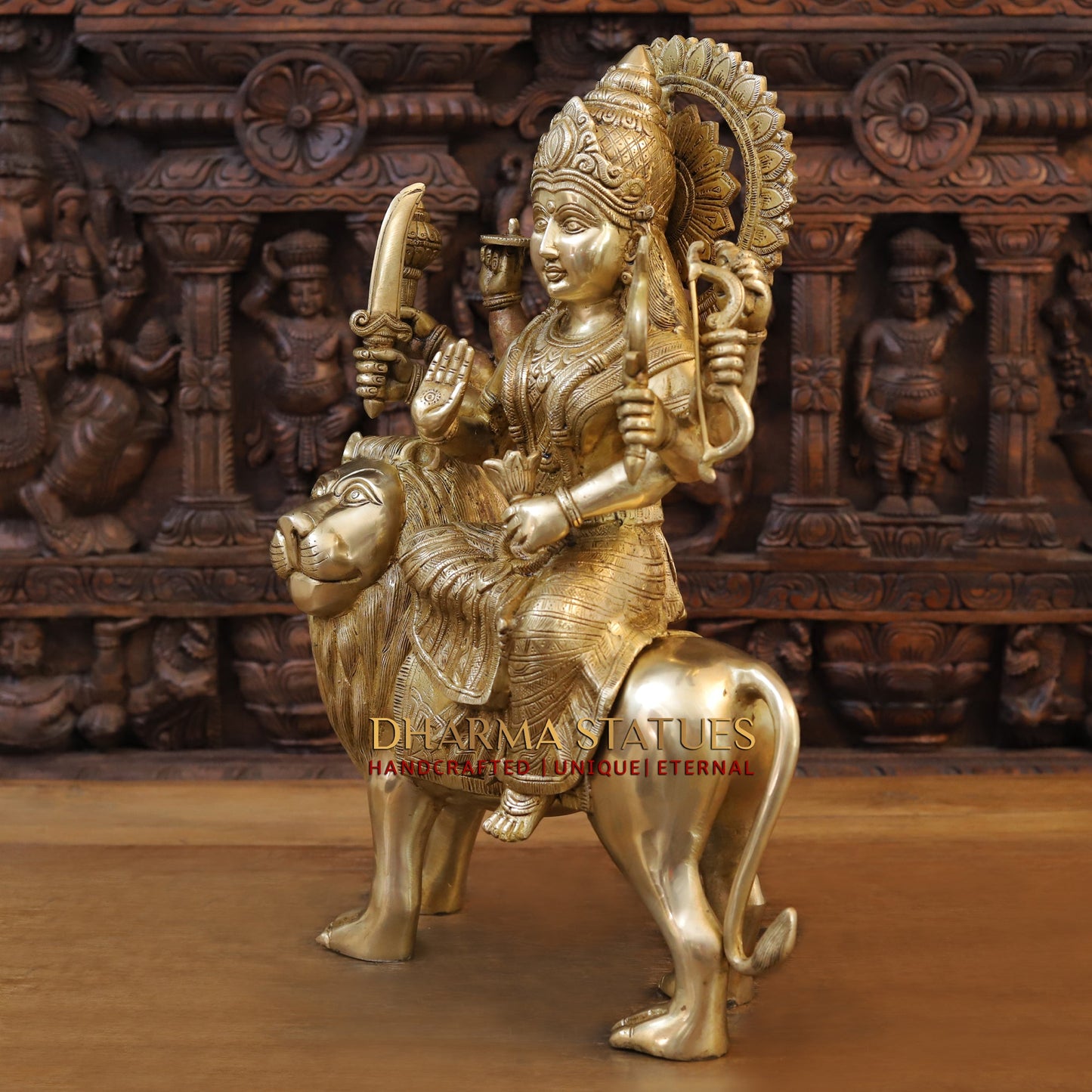 Brass Durga Idol- Sitting on a Mighty lion, Golden Fine Work 21.5"