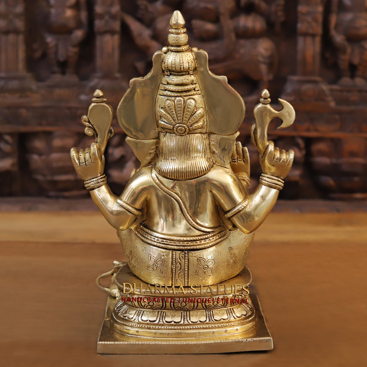 Brass Ganesh Idol With Round Trunk, Fine Golden Finish 12.5"