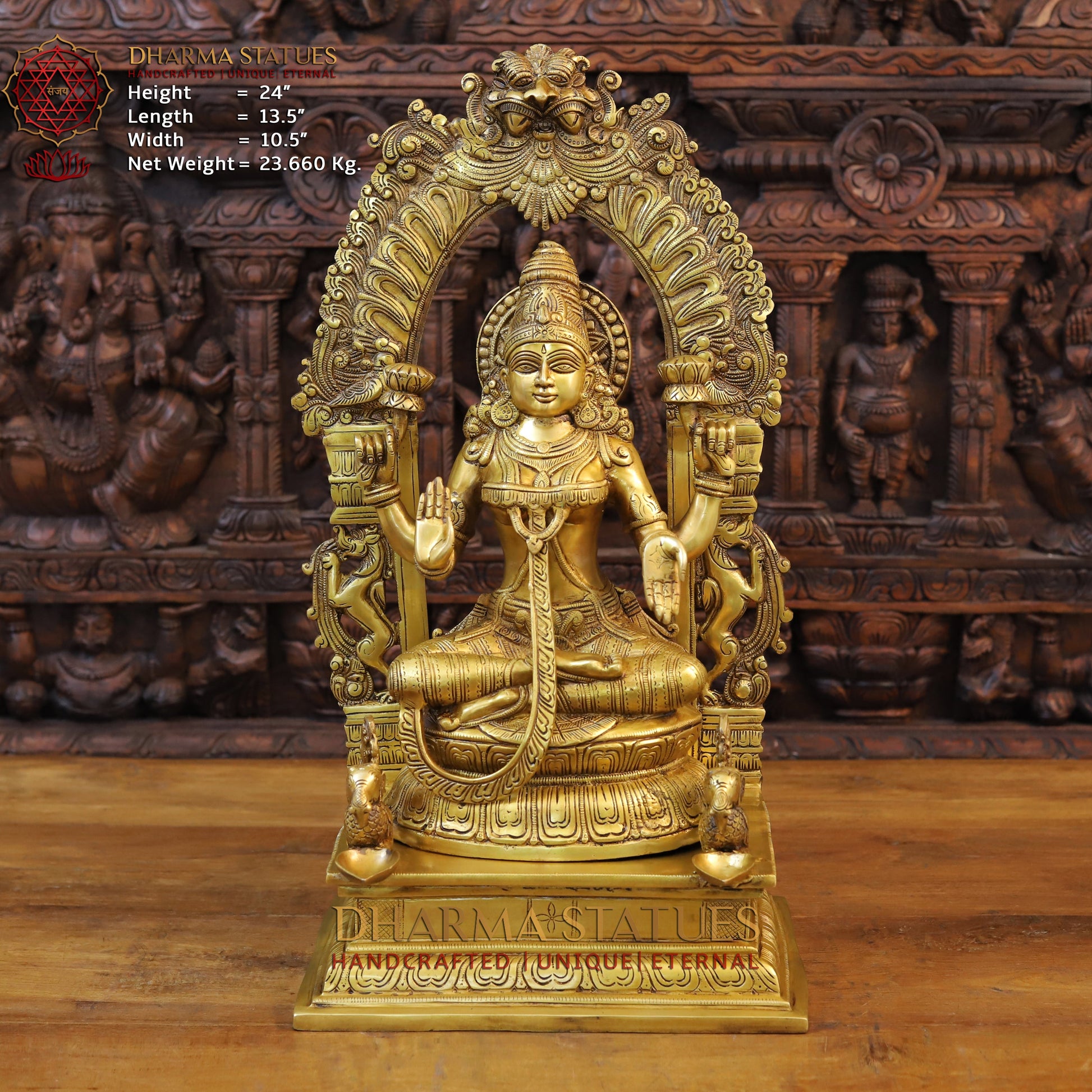 Brass Lakshmi Statue, Seated on a Throne, Fine Golden Finish 24" Front View