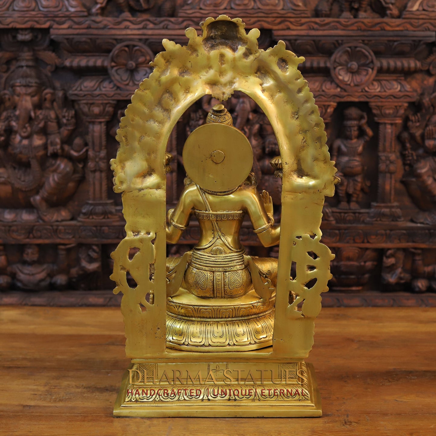 Brass Lakshmi Statue in Yaksha Frame with Peacock Diya, Fine Golden Finish 24"