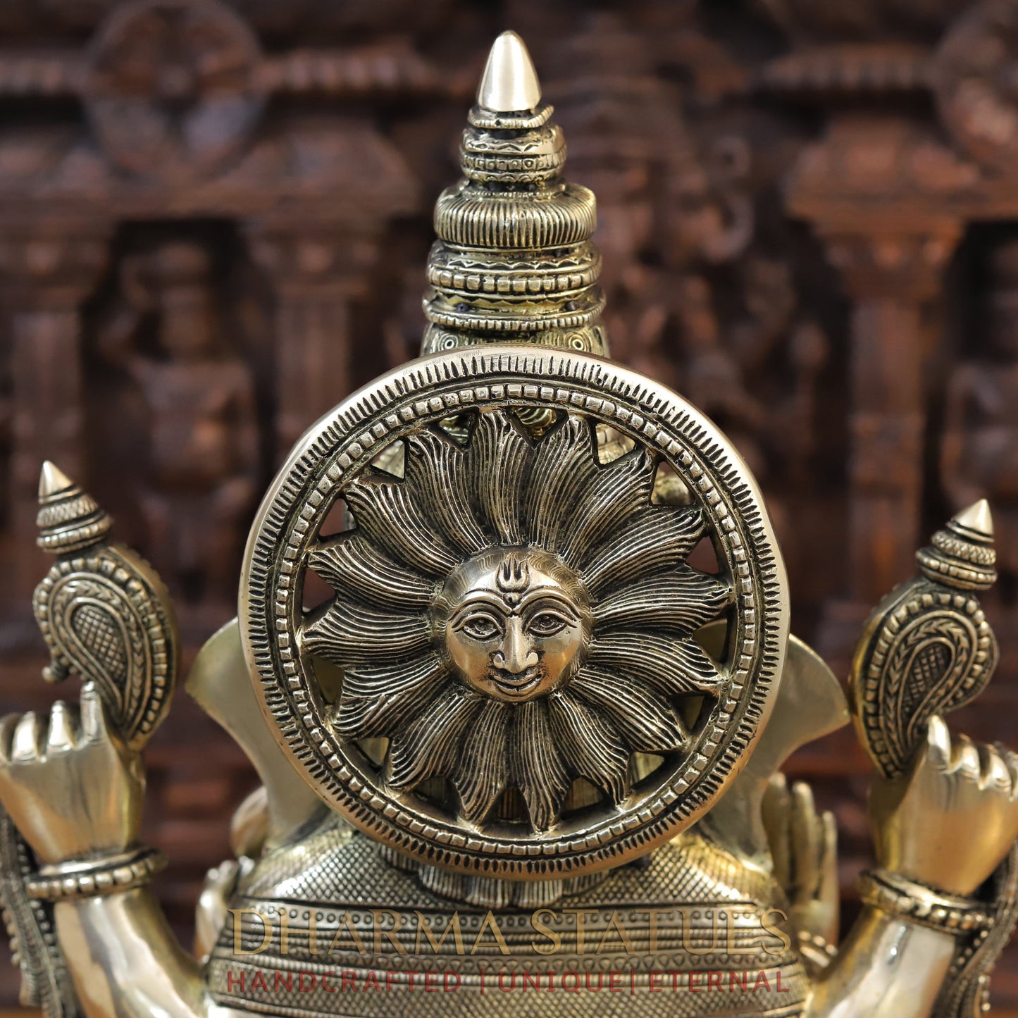 Brass Ganesh Seated with Surya on the Back, Mirror Finish 20"
