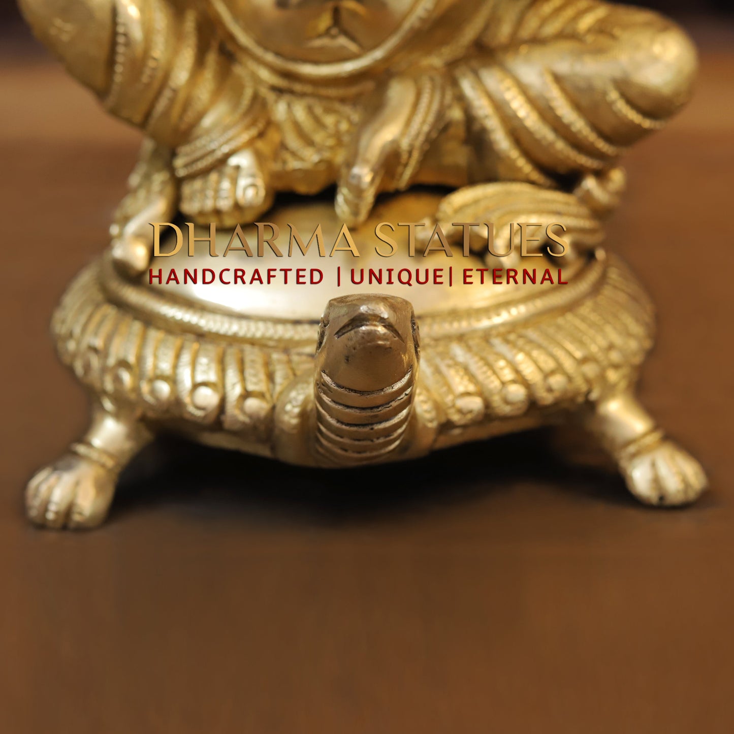 Brass Ganesh Idol, Seating on a Tortoise, Fine Golden Finish 13"