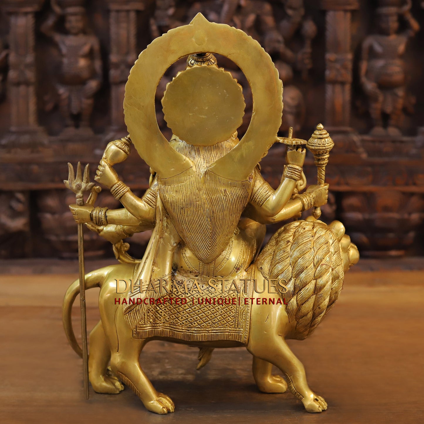Brass Durga Idol Mounted on a Lion, Traditional Indian Art, Golden Finish, 21.5"