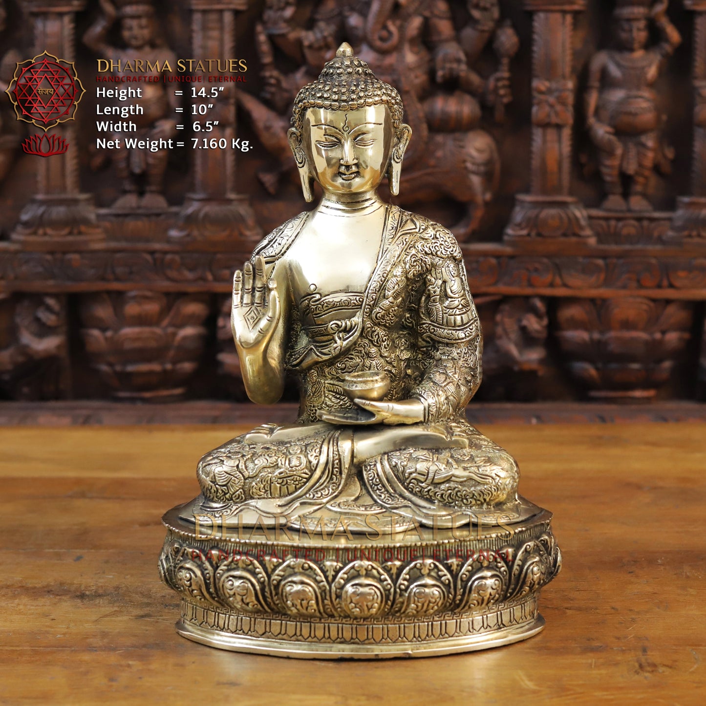 Brass Buddha Statue, Seated on a Lotus Base, Fine Golden Finish 14.5"