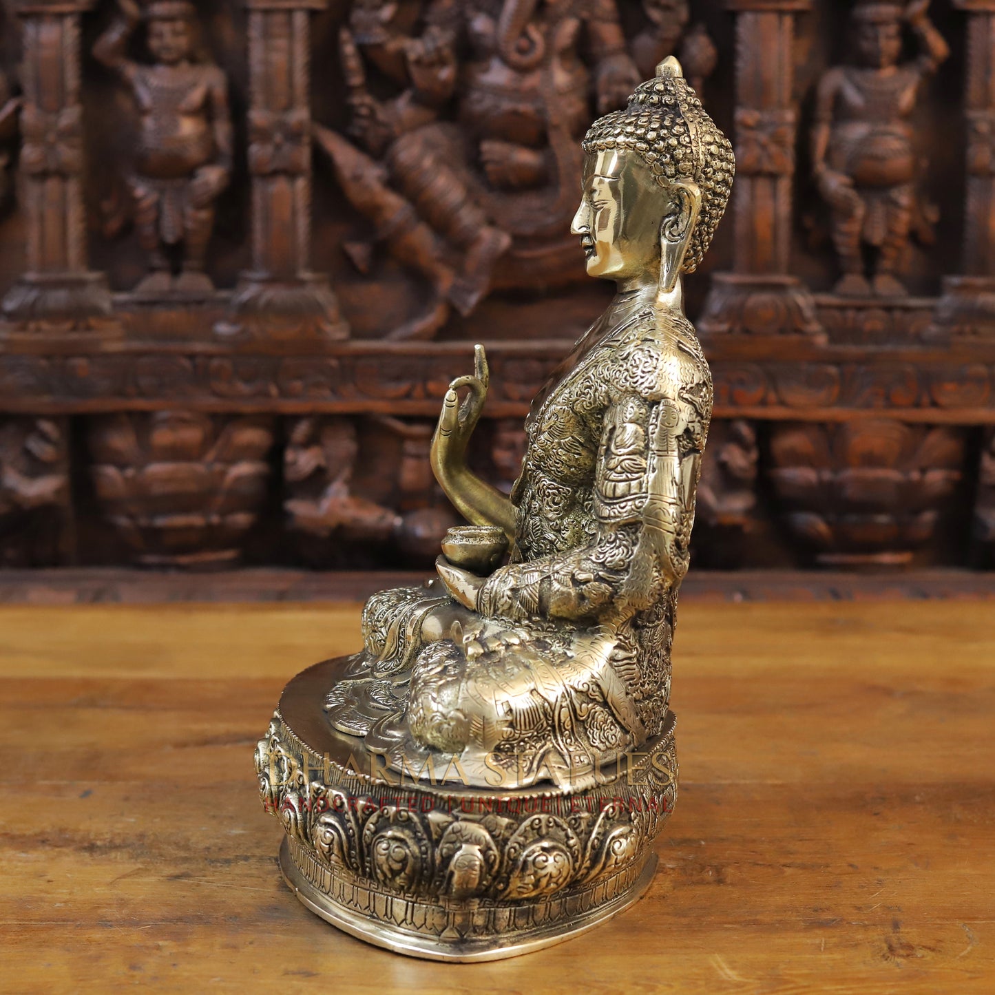 Brass Buddha Statue, Seated on a Lotus Base, Fine Golden Finish 14.5"
