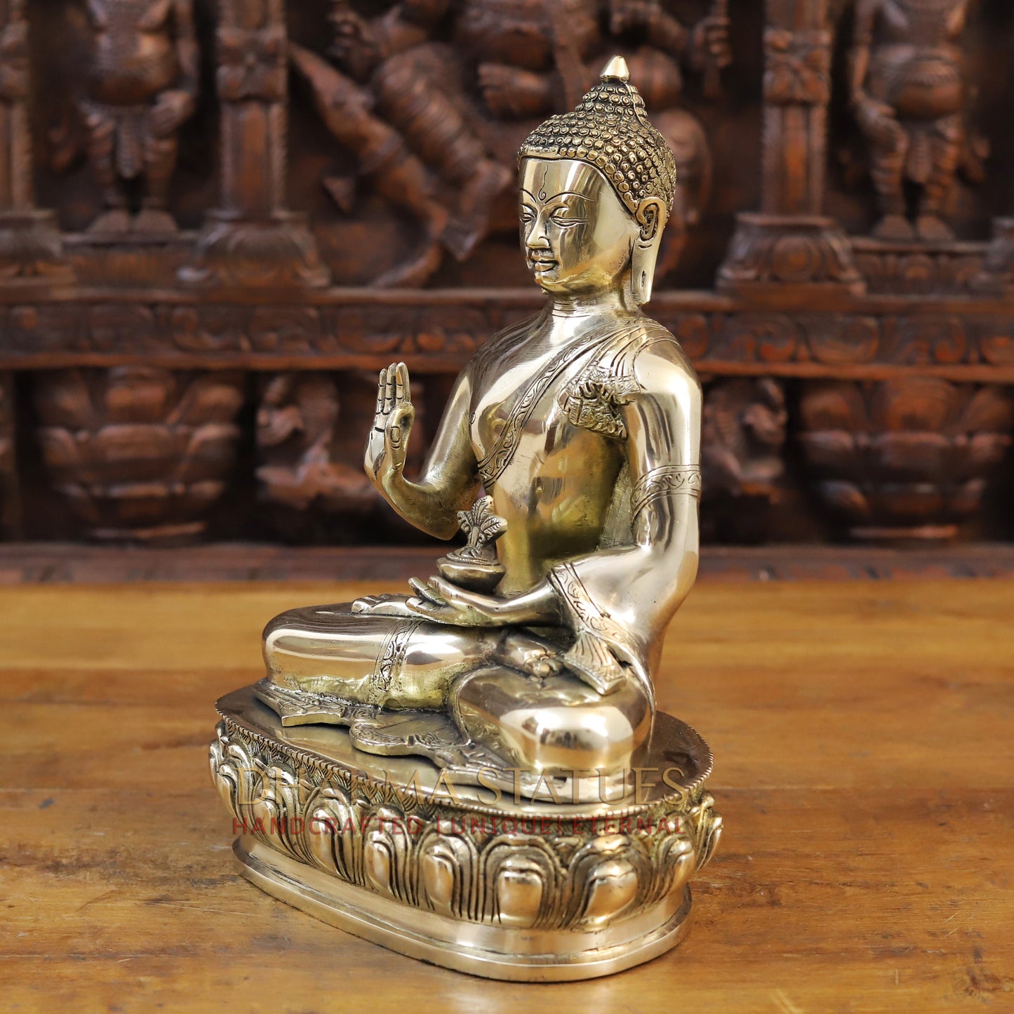 Brass Buddha Idol, Seated on a Lotus, Fine Golden Finish 13"