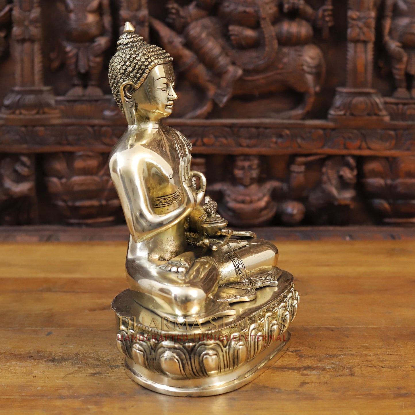 Brass Buddha Idol, Seated on a Lotus, Fine Golden Finish 13"