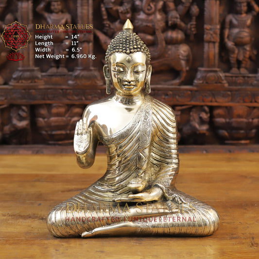 Brass Buddha Statue, Medicine Buddha, Fine Golden Finish 14"