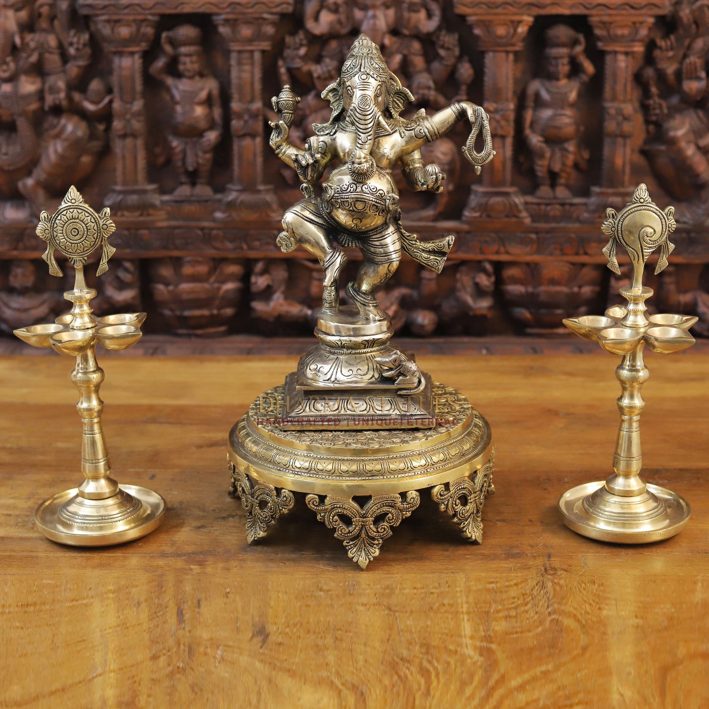 Brass Dancing Ganesh With Rat, Fine Gold Finish, 13"