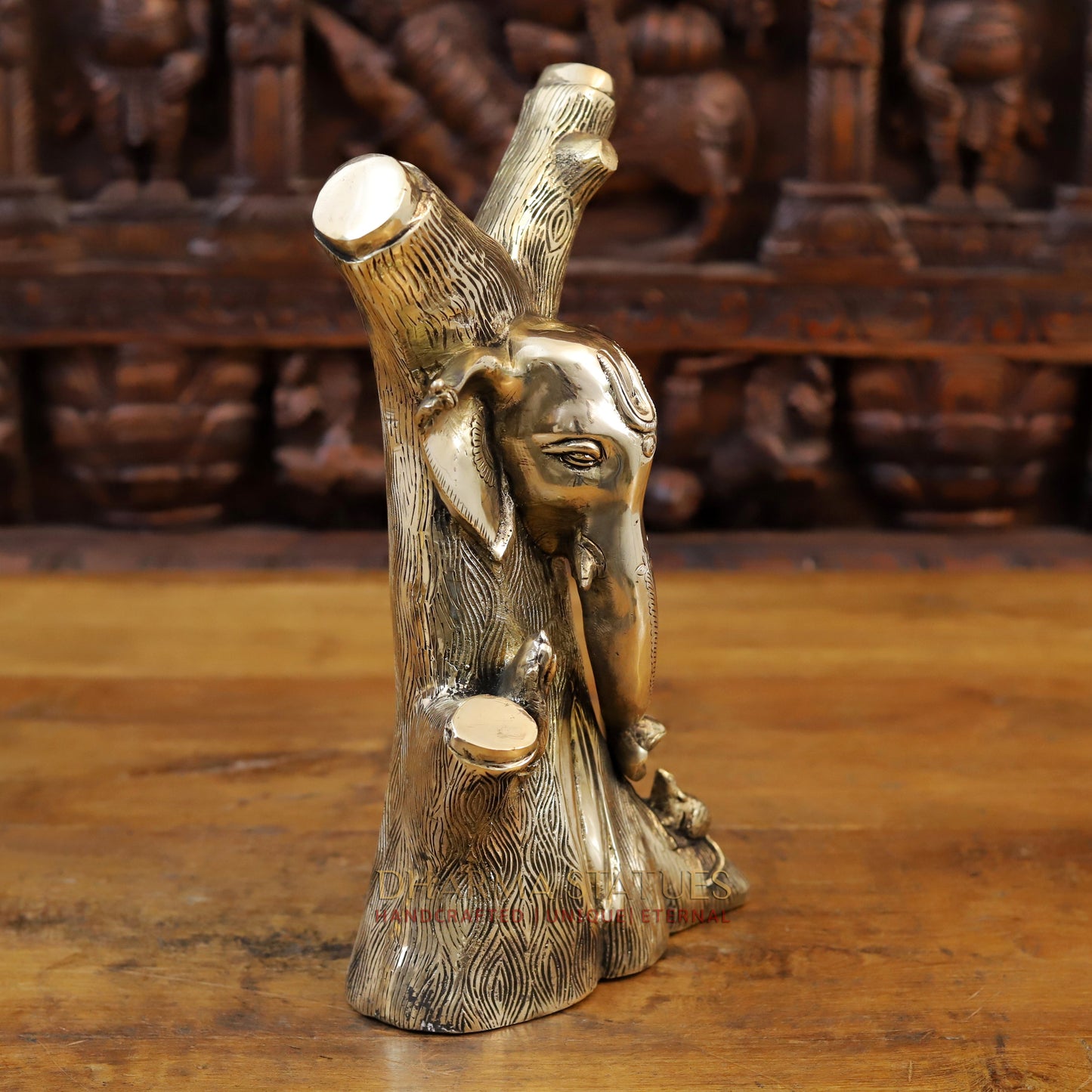 Brass Ganesh Statues Carved in Tree with Rat, Fine Gold Finish, 13"