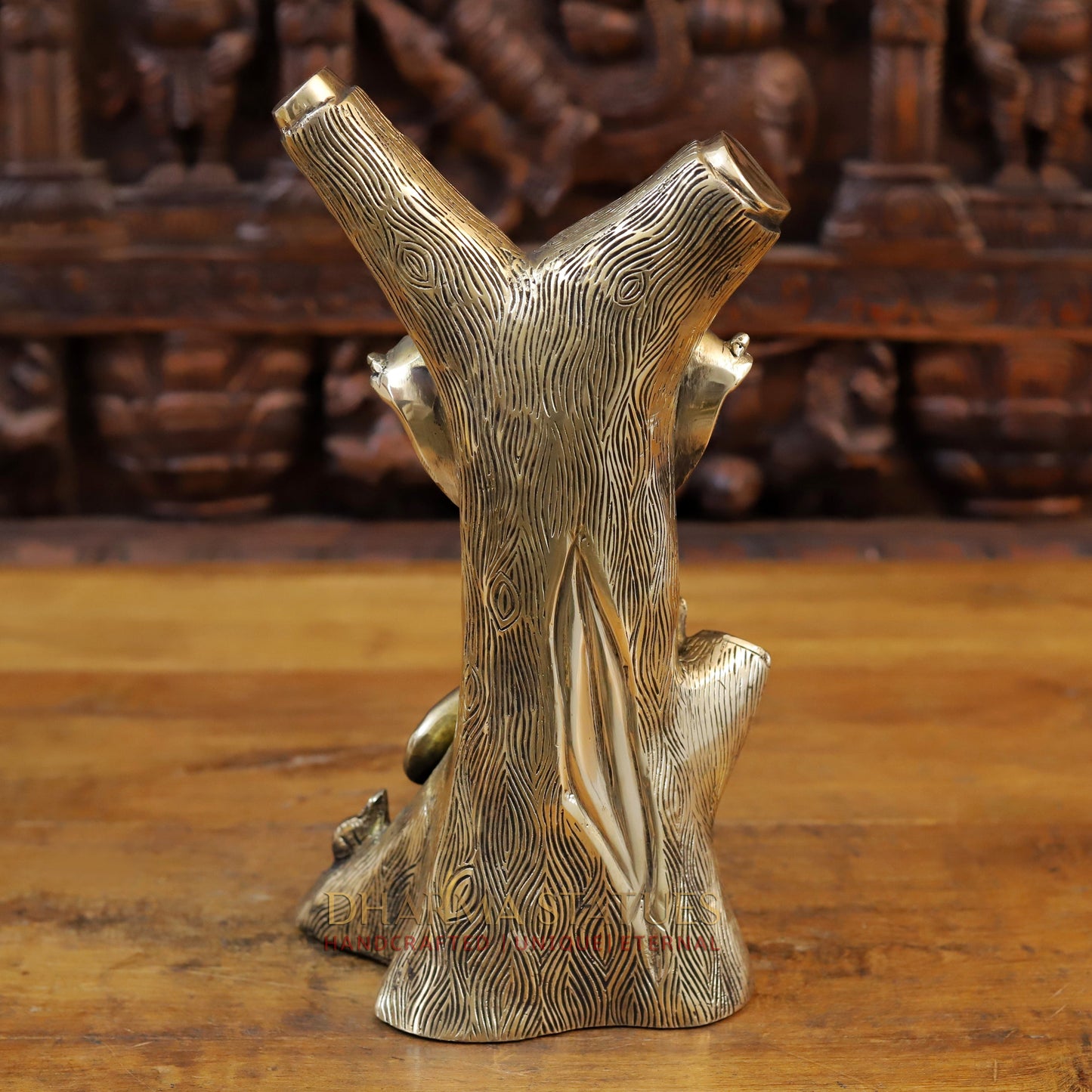 Brass Ganesh Statues Carved in Tree with Rat, Fine Gold Finish, 13"
