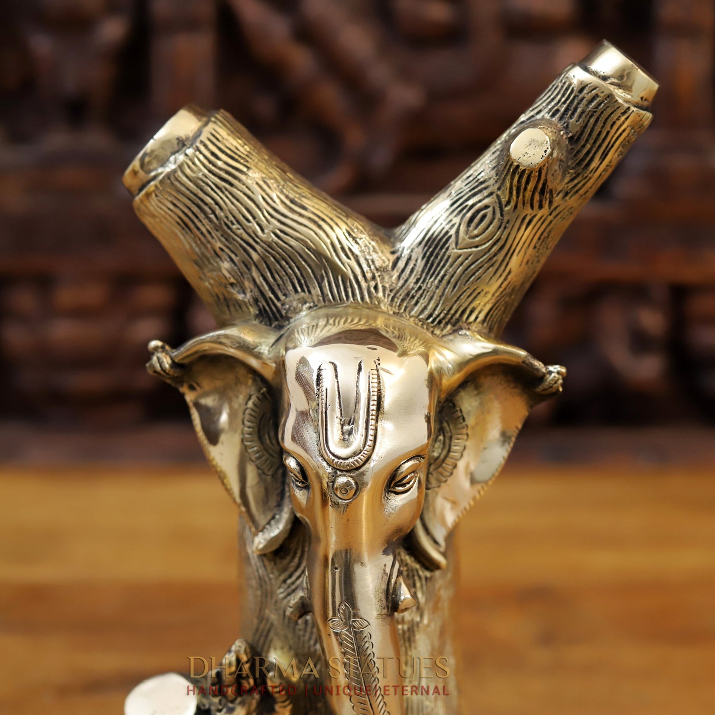 Brass Ganesh Statues Carved in Tree with Rat, Fine Gold Finish, 13"