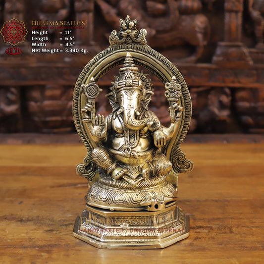 Brass Ganesh Statue With Frame, Fine Gold Finish, 11"