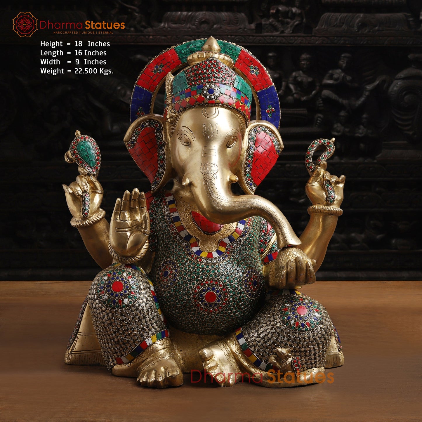 Brass Ganesh Sitting Without Base, Stone Work, 18" Front View