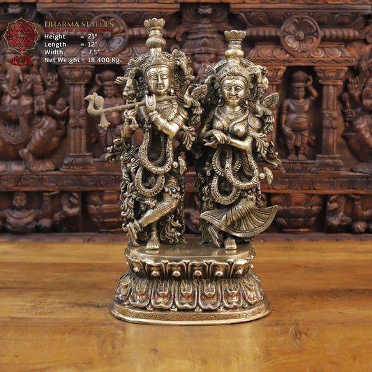 Brass Radha Krishna Statue on Single base, Smooth Finish, 21” Front View