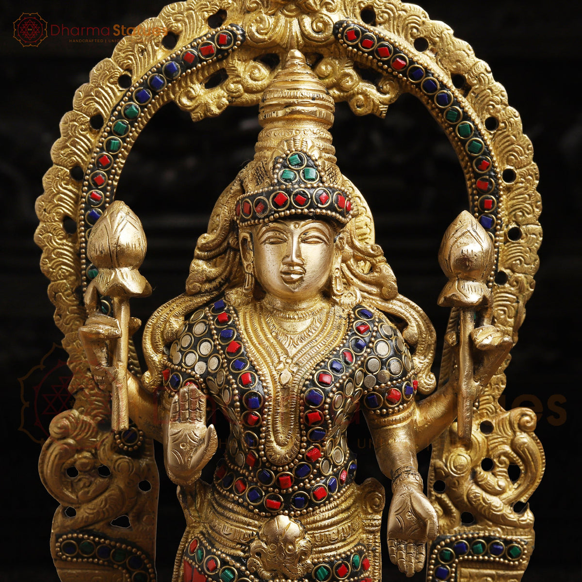Brass Vishnu Lakshmi Idol | Standing on a Base with Back Frame 15.5 "