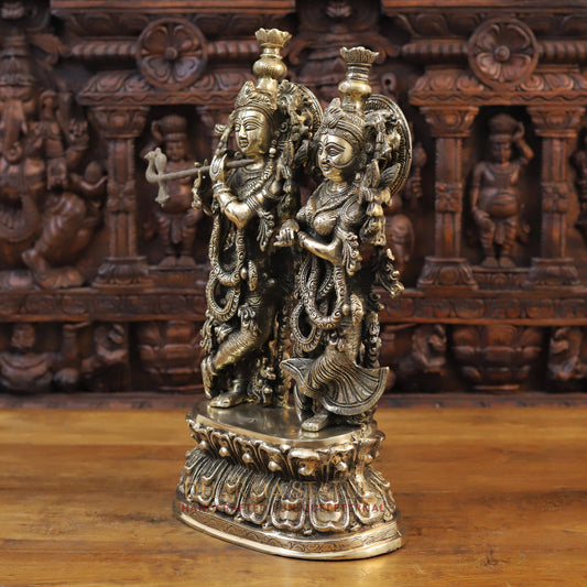 Brass Radha Krishna Statue, Playing flute on Lotus Pedastal, Gold Antique Finish, 21”