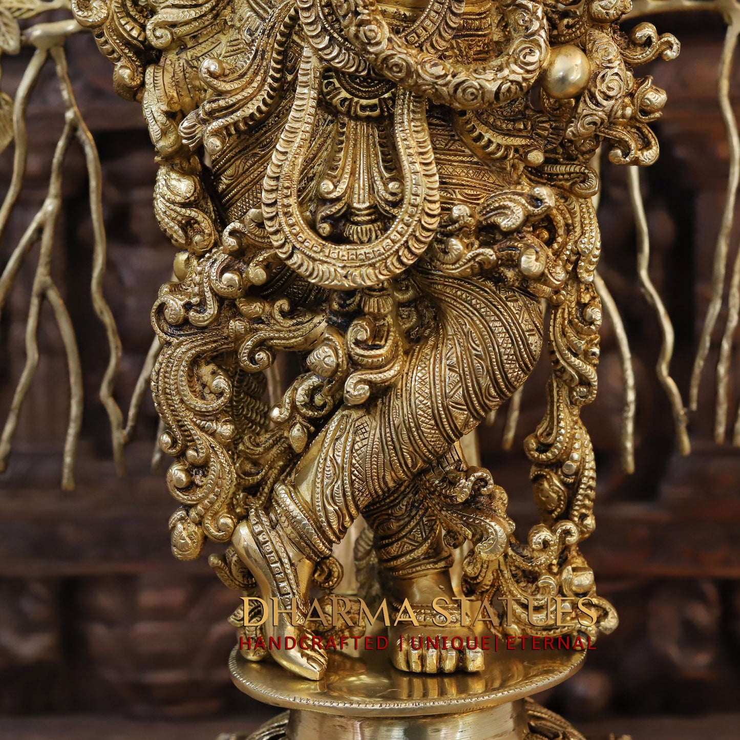 Brass Lord Krishna Idol, Seating Under a Tree, Fine Golden Finish 35"