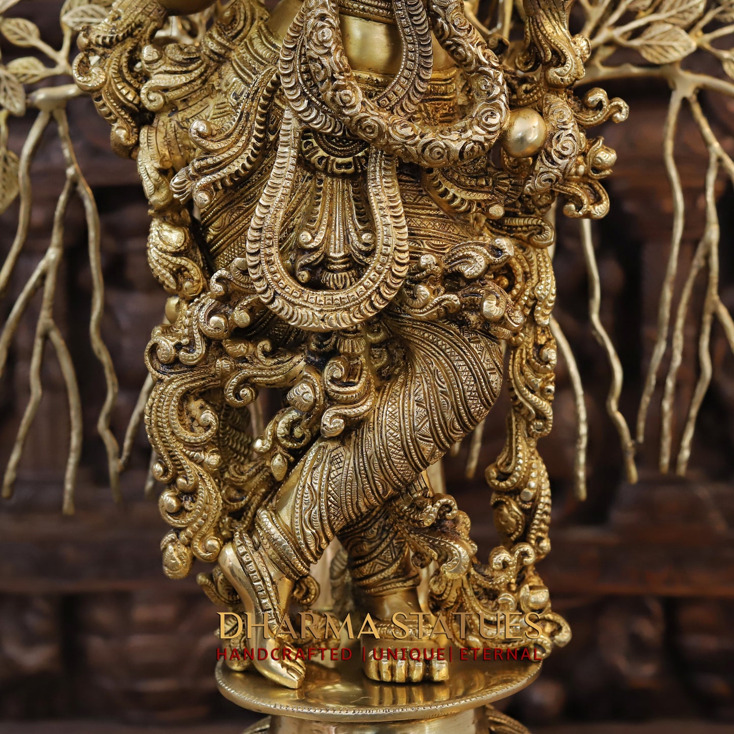 Brass Lord Krishna Idol, Seating Under a Tree, Fine Golden Finish 35"