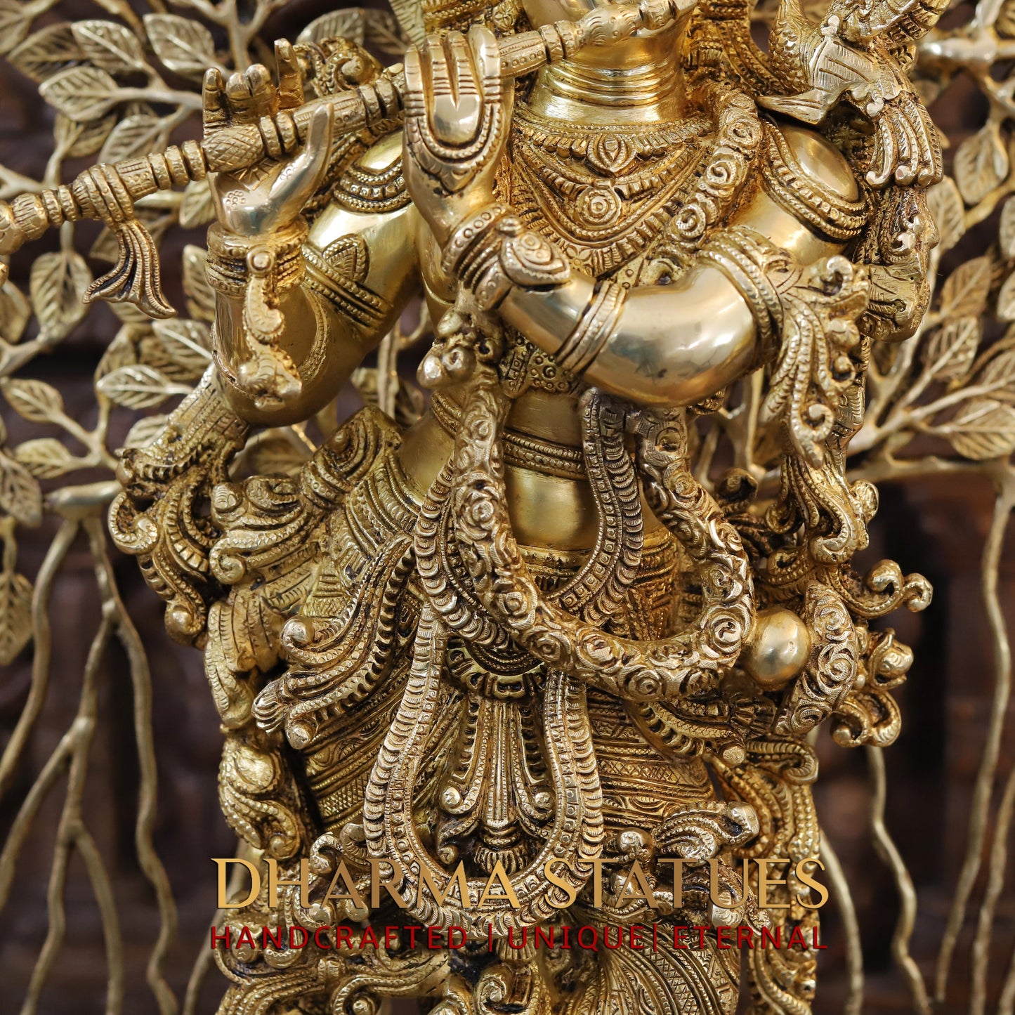 Brass Lord Krishna Idol, Seating Under a Tree, Fine Golden Finish 35"