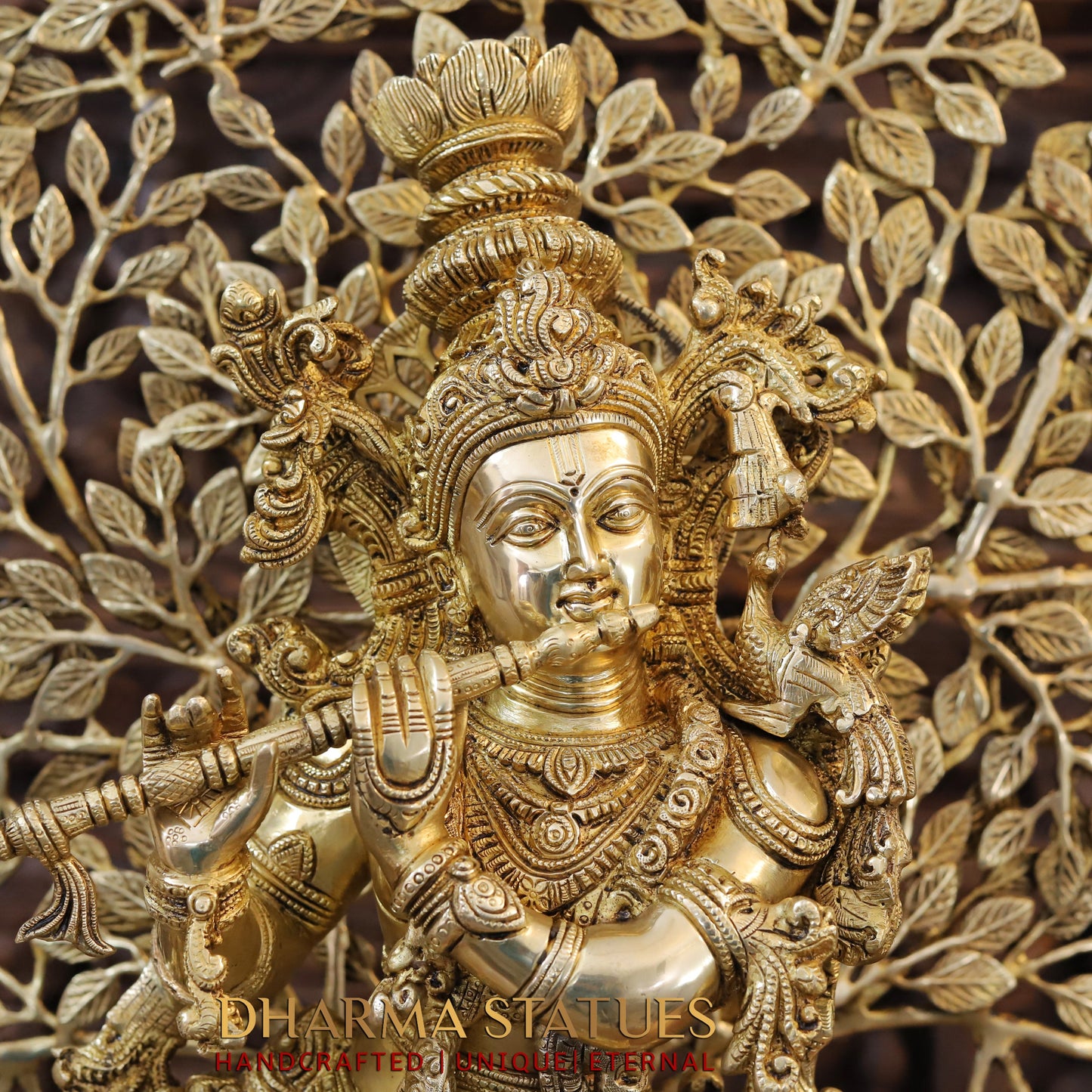 Brass Lord Krishna Idol, Seating Under a Tree, Fine Golden Finish 35"