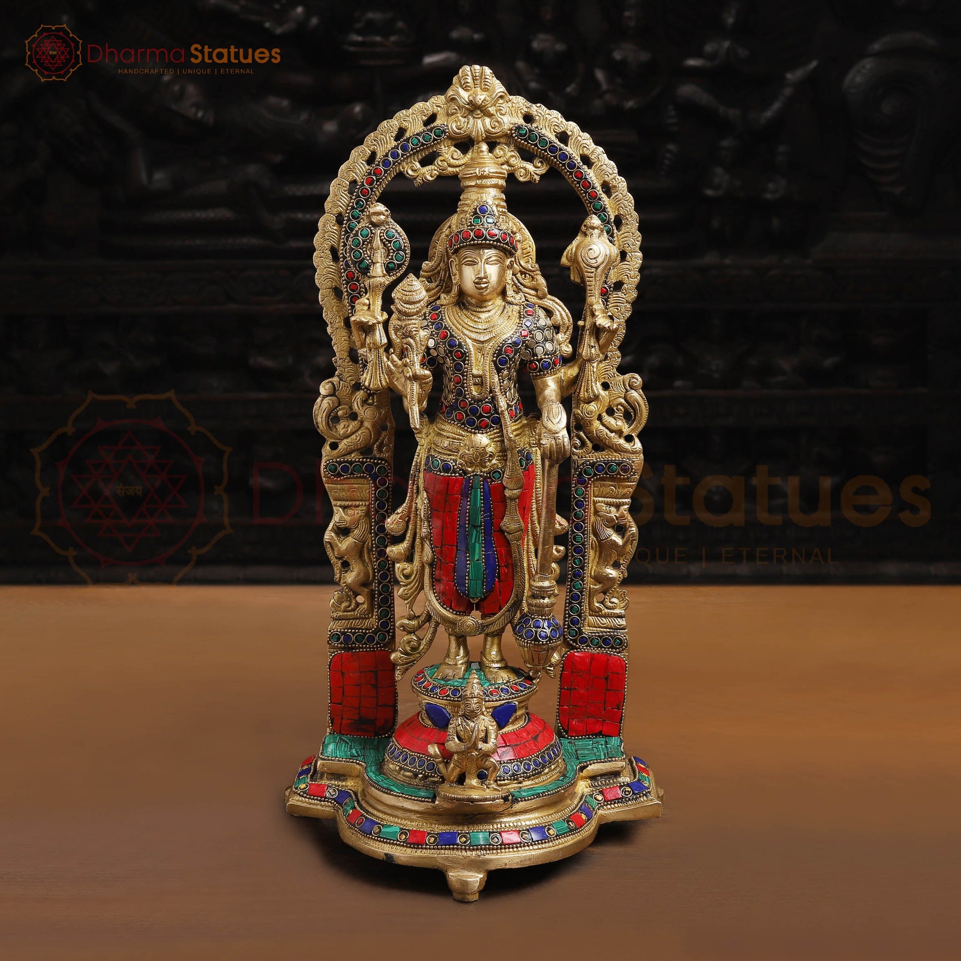 Brass Vishnu with Frame,  Golden Finishes and Stone work, 15.5" Front View