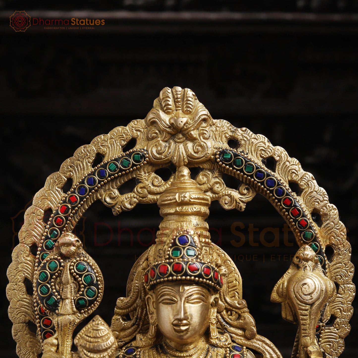 Brass Vishnu with Frame,  Golden Finishe and Stone work, 15.5"