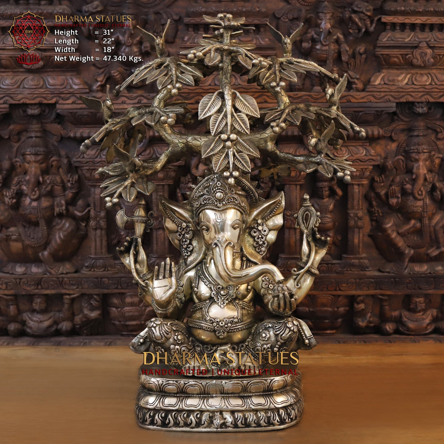 Brass Ganesh Idol, Seated on a Lotus, Under a Tree, Fine Golden Finish 31"