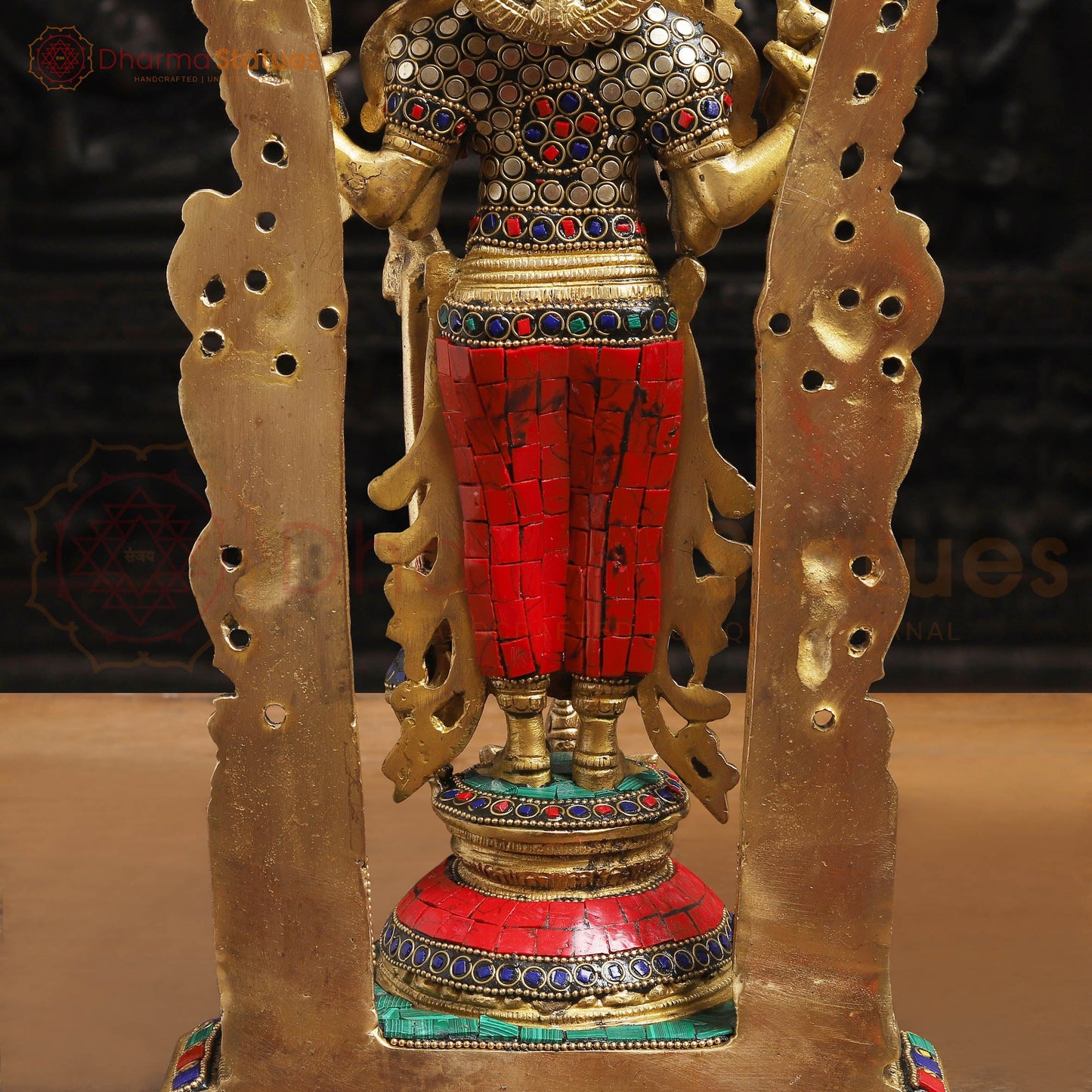 Brass Vishnu with Frame,  Golden Finishe and Stone work, 15.5"