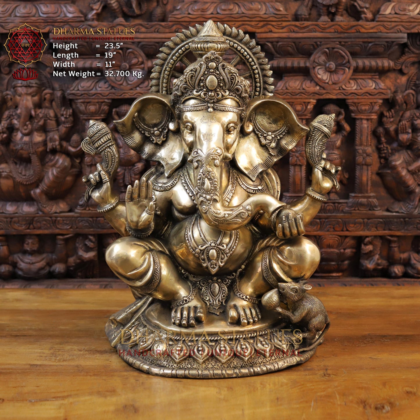 Brass Ganesh Idol, Seated with Mouse, Fine Golden Finish 23.5"
