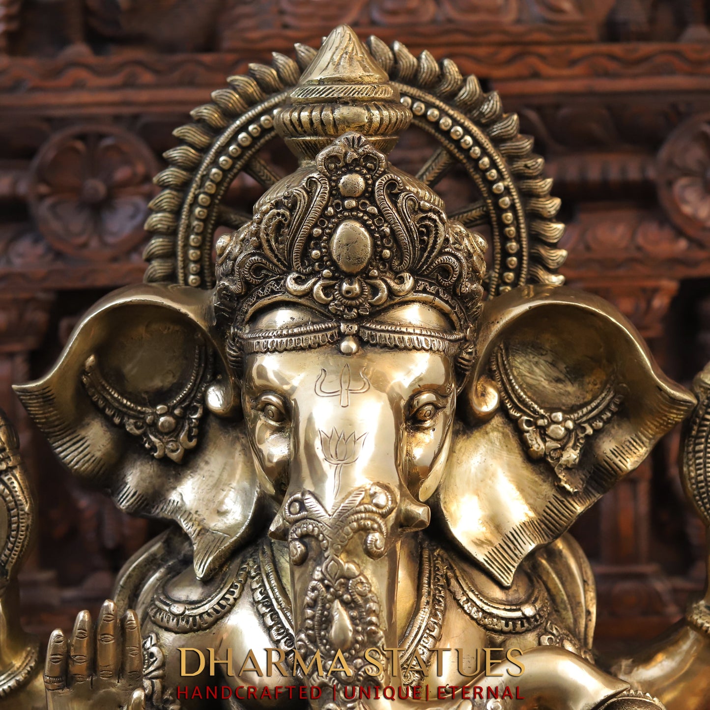 Brass Ganesh Idol, Seated with Mouse, Fine Golden Finish 23.5"