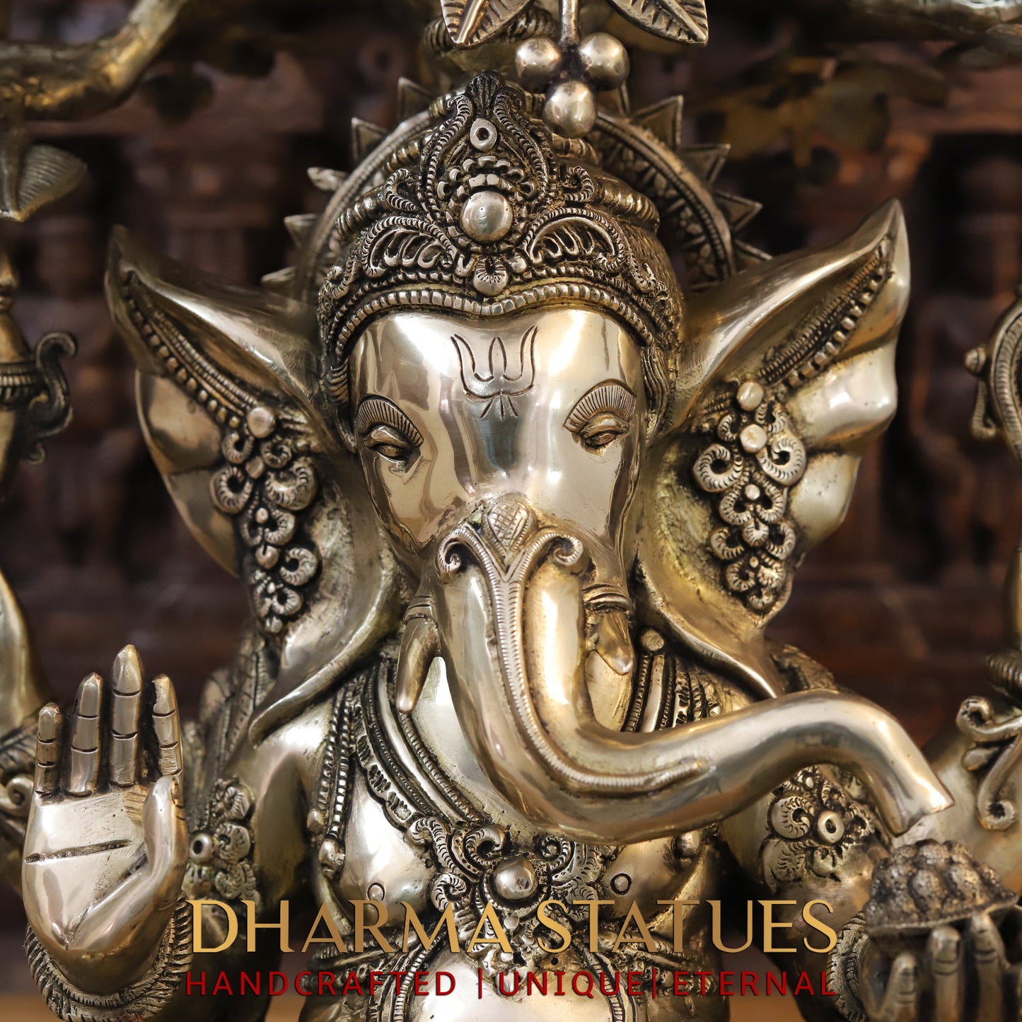 Brass Ganesh Idol, Seated on a Lotus, Under a Tree, Fine Golden Finish 31"