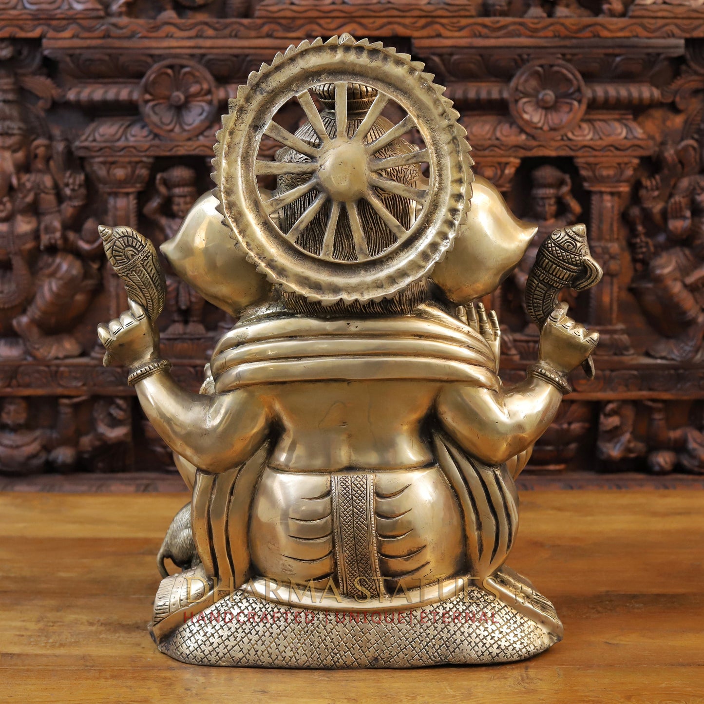 Brass Ganesh Idol, Seated with Mouse, Fine Golden Finish 23.5"