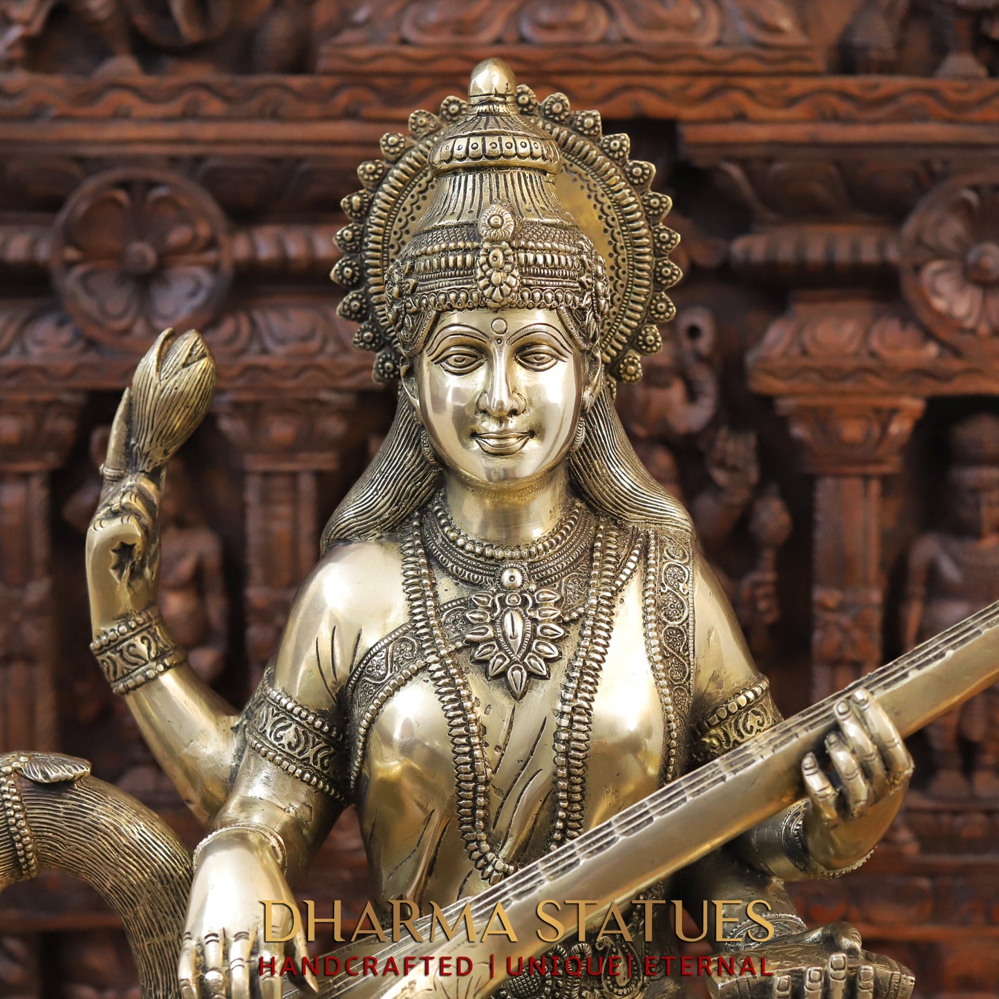 Brass Saraswati Idol, seated on swan, Fine Golden Finish 24"