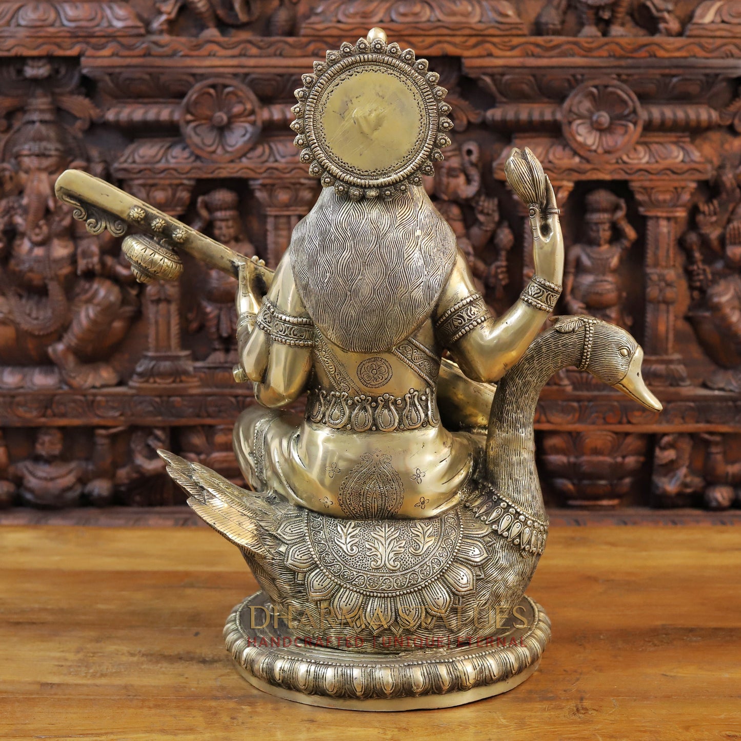 Brass Saraswati Idol, seated on swan, Fine Golden Finish 24"