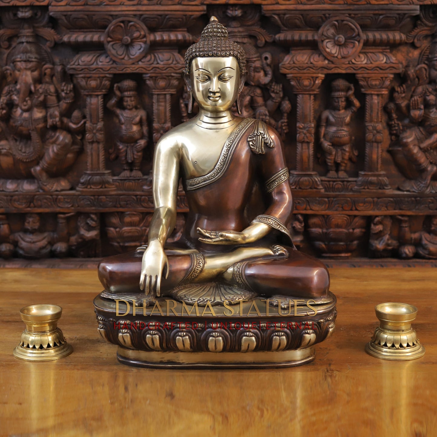 Brass Buddha Statue, Seated on a Lotus, Copper and Golden Finish 22"