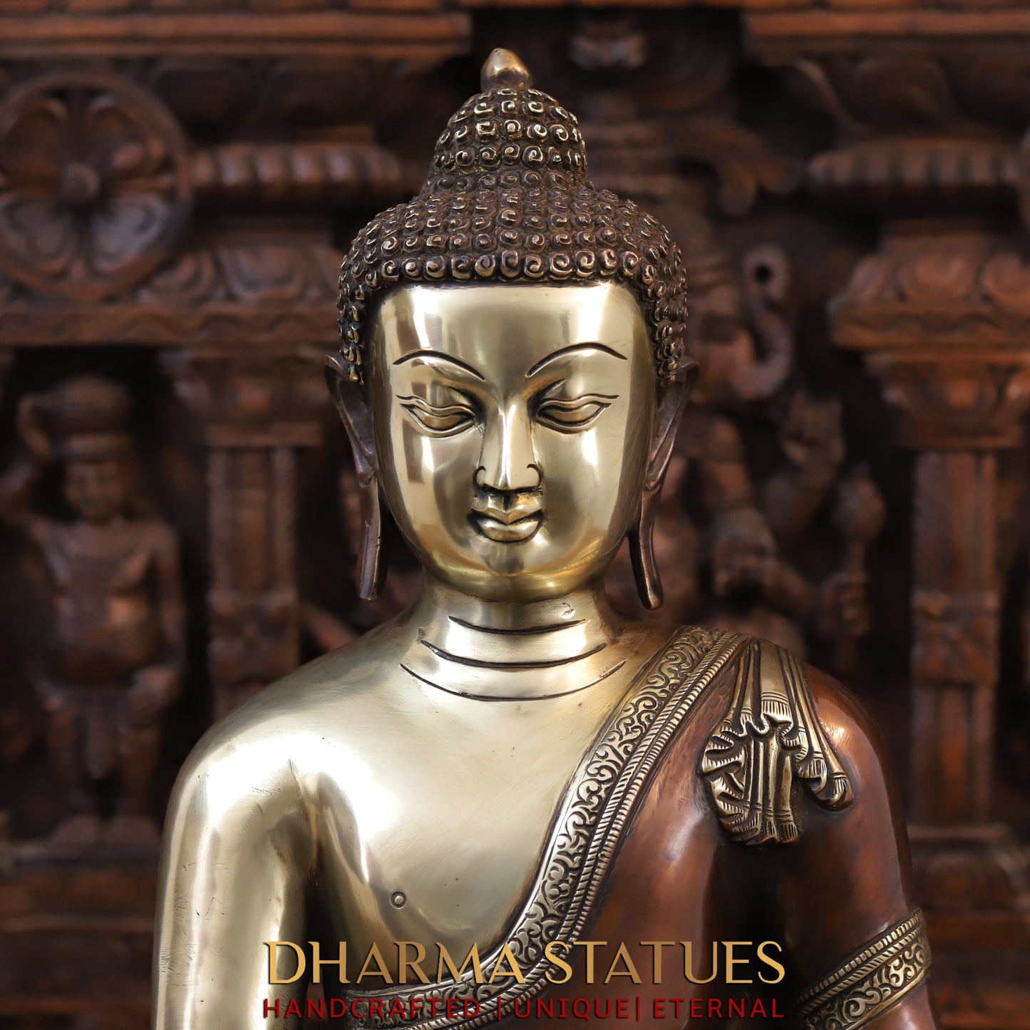 Brass Buddha Statue, Seated on a Lotus, Copper and Golden Finish 22"