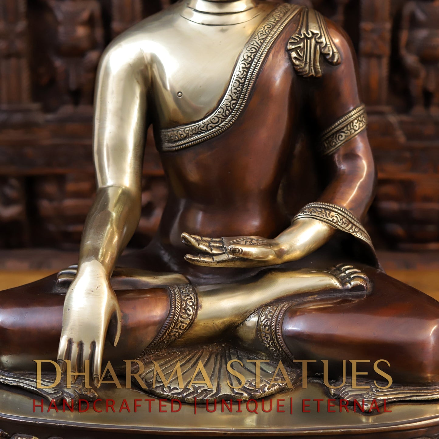 Brass Buddha Statue, Seated on a Lotus, Copper and Golden Finish 22"